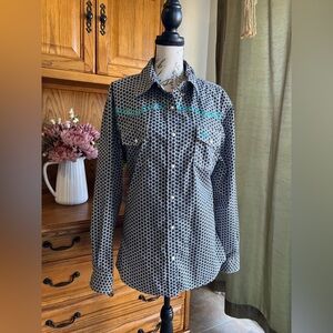 Cowgirl Hardware Black White Turquoise Patterned Button Down with Cross